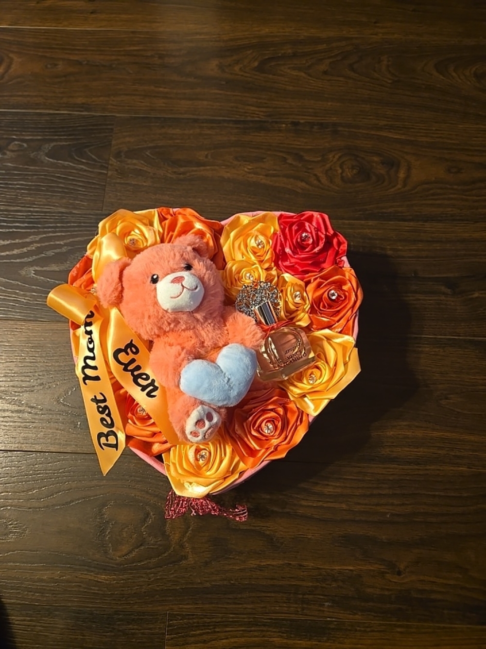 Orange Plush Bear Heart Gift Set with Multicolor Satin Roses